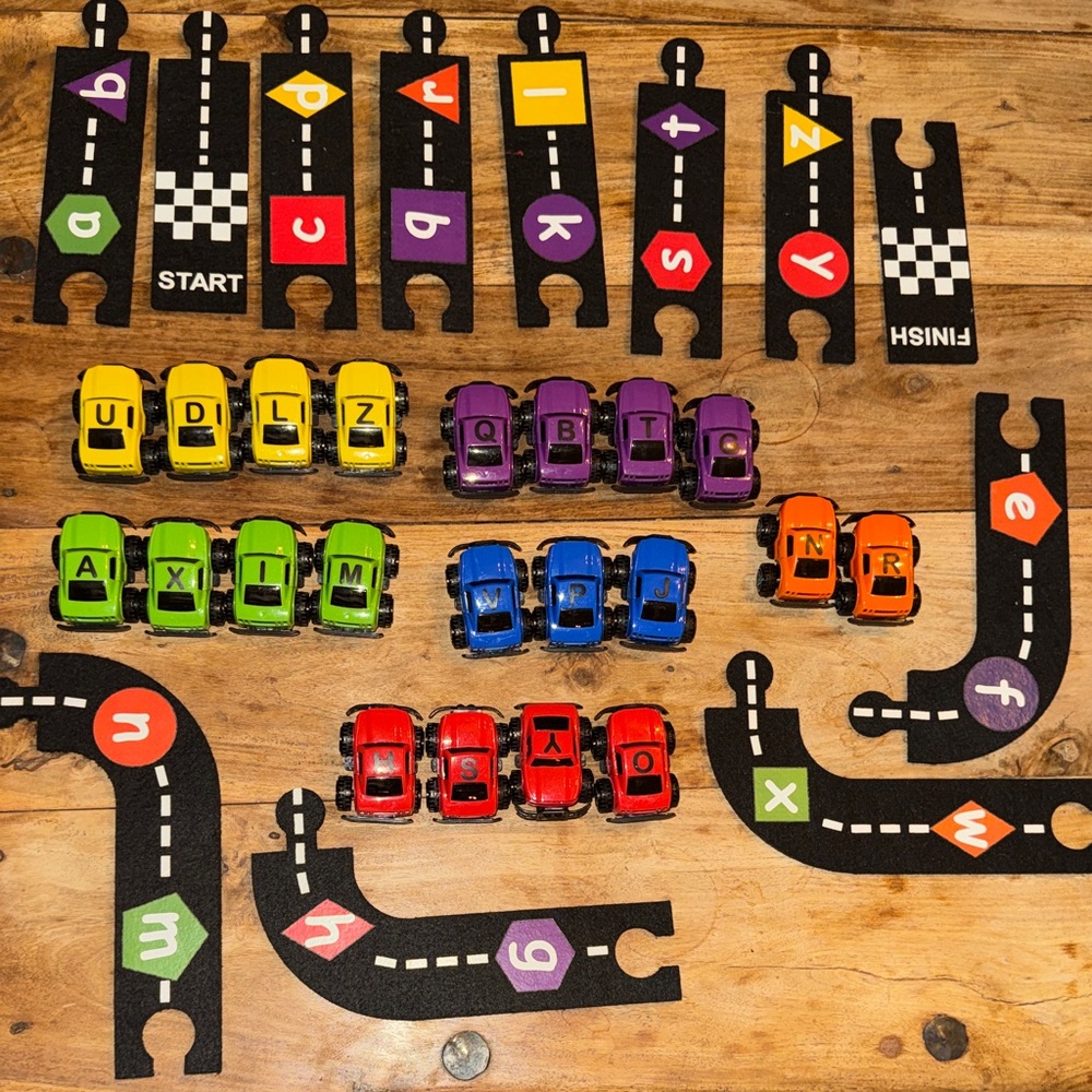 Selling as it is, colorful Toy Car Set with track to teach letters and colors